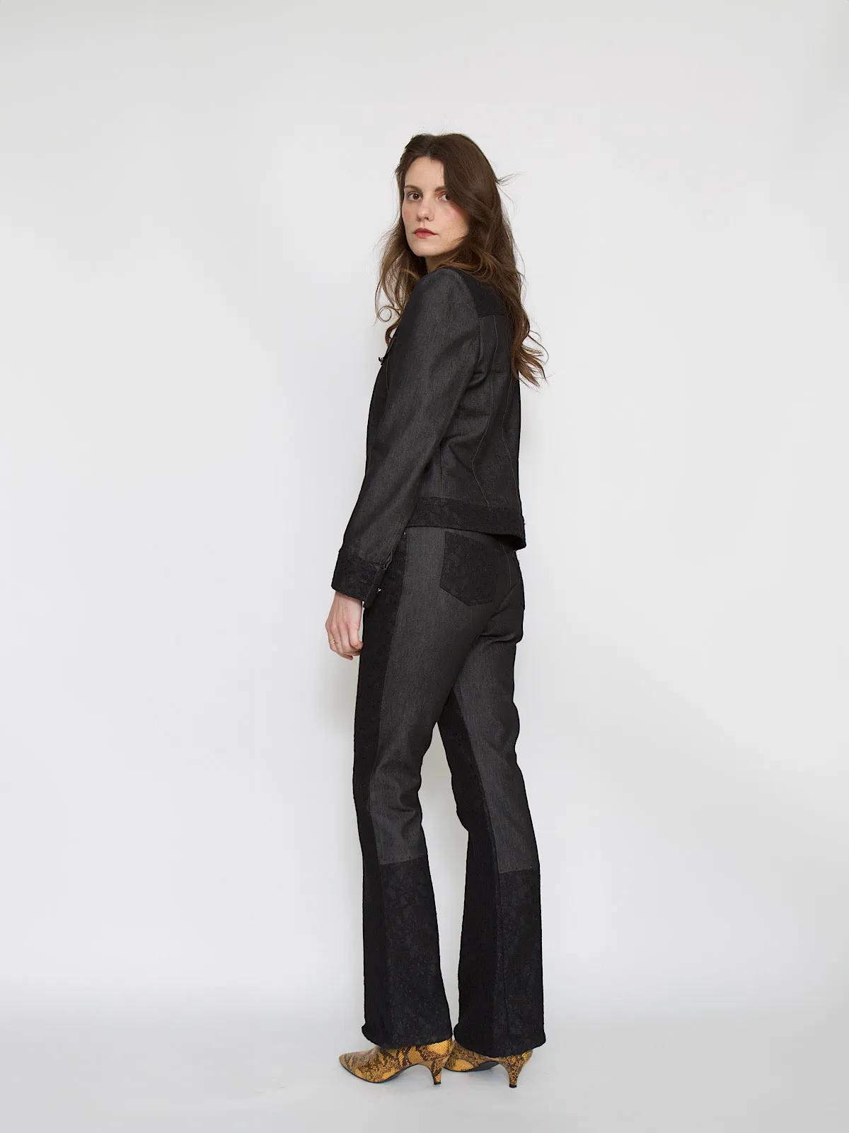 90S vintage 2 piece set  jacket and trousers in blue denim and black lace
