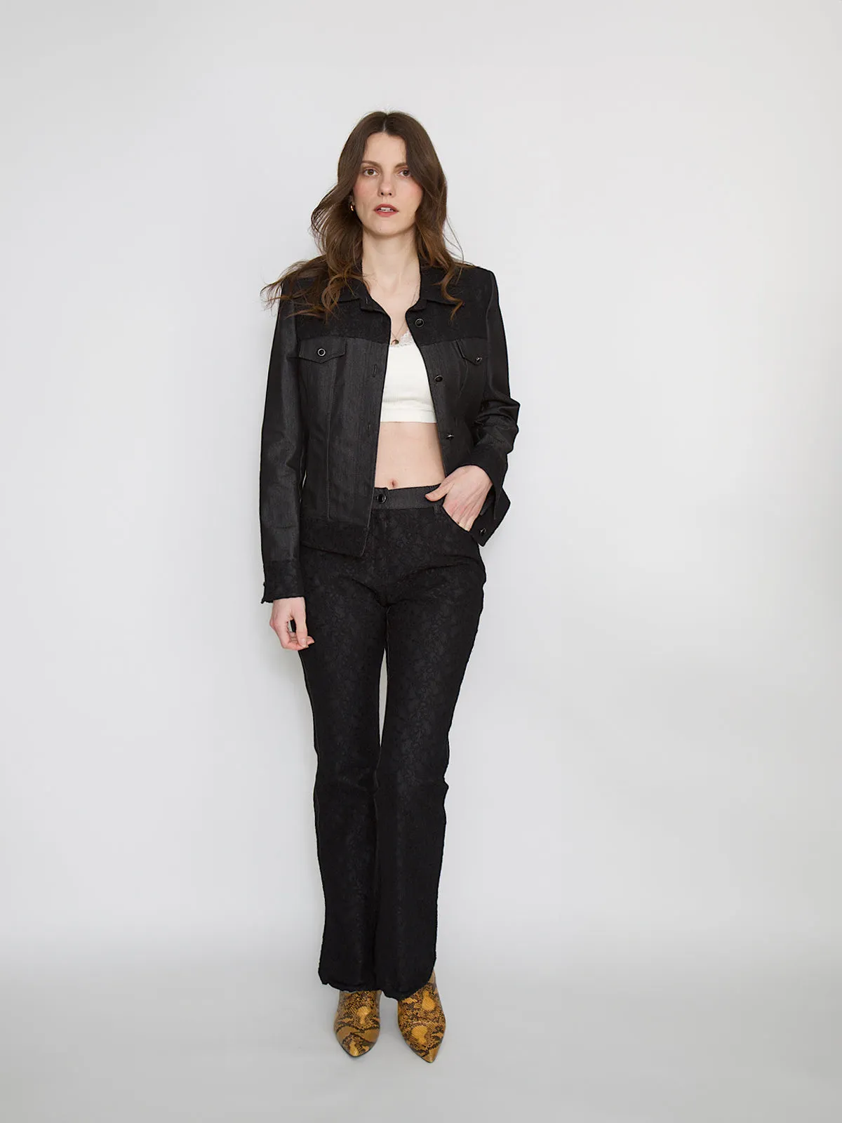 90S vintage 2 piece set  jacket and trousers in blue denim and black lace