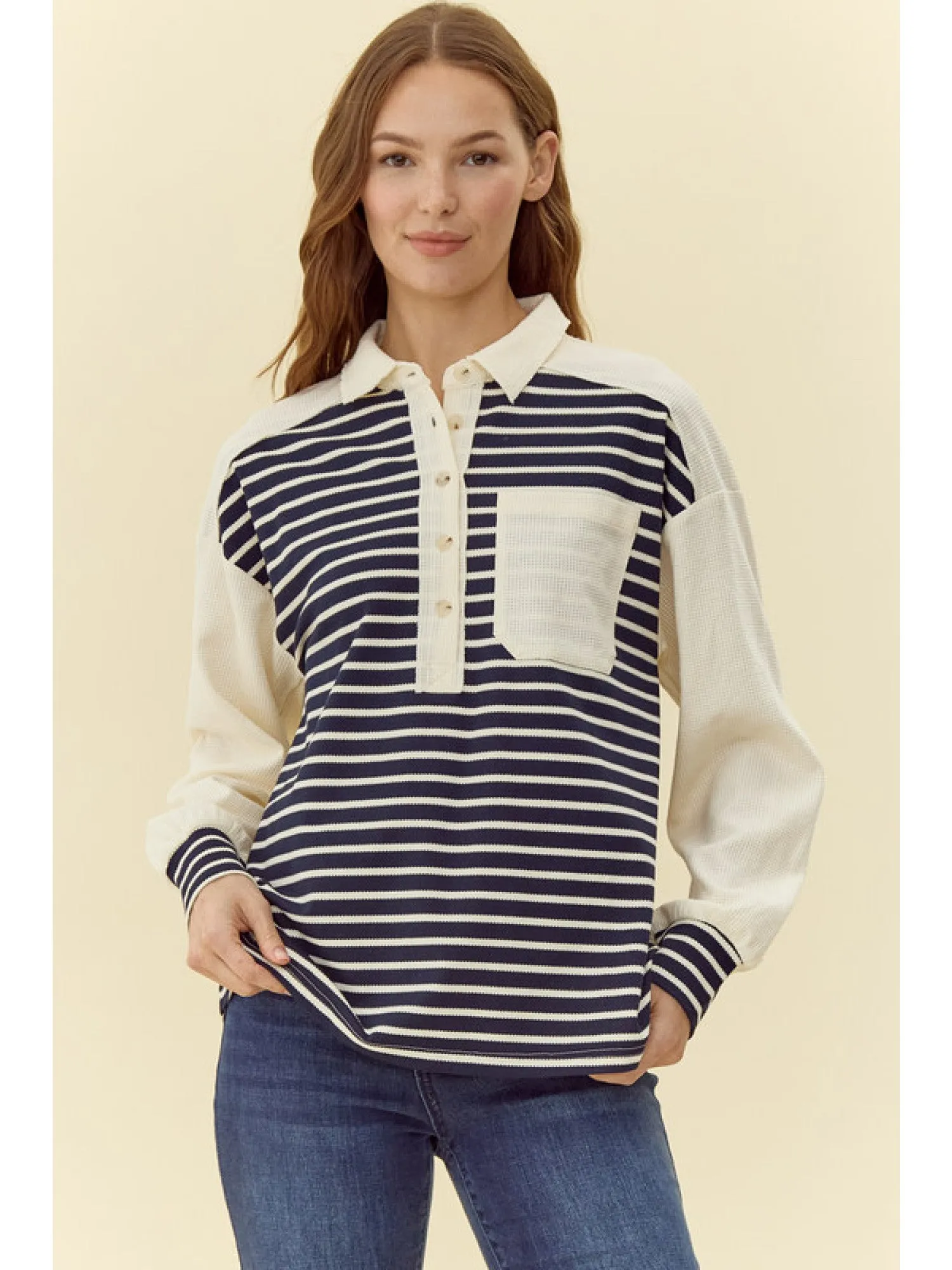 Addison Colorblock Striped Knit Henley - Cream & Navy
