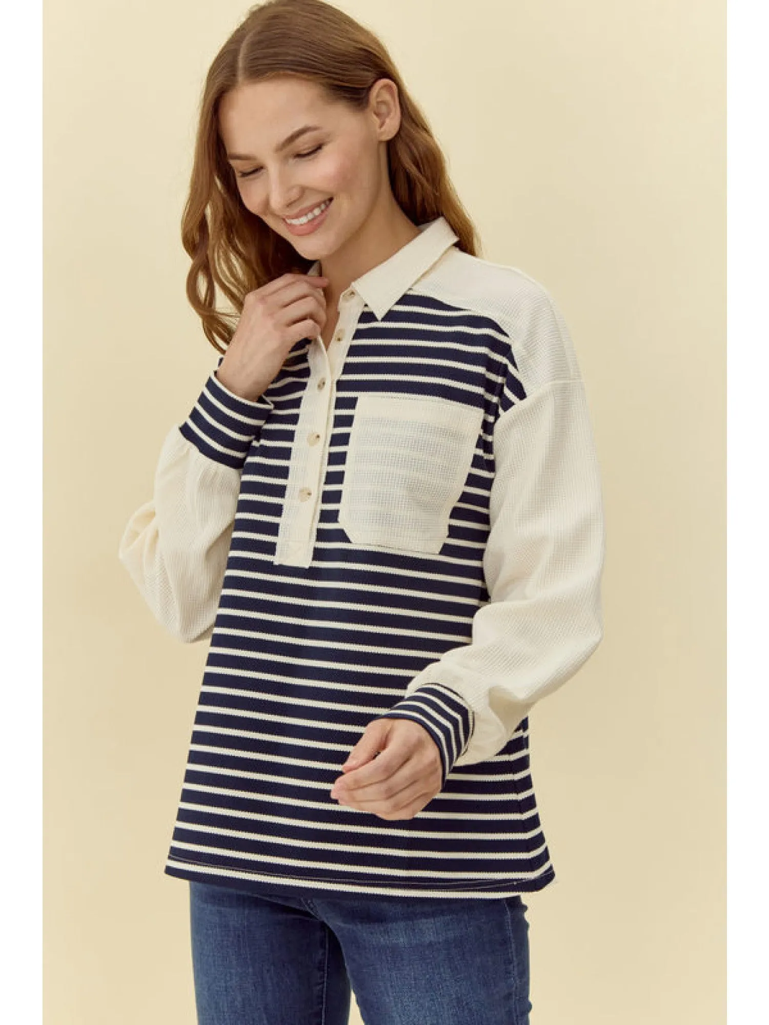Addison Colorblock Striped Knit Henley - Cream & Navy