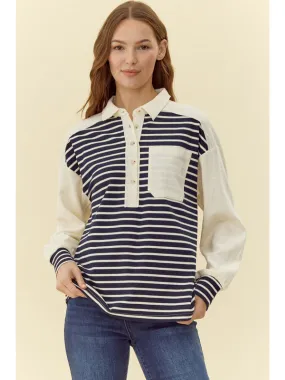 Addison Colorblock Striped Knit Henley - Cream & Navy