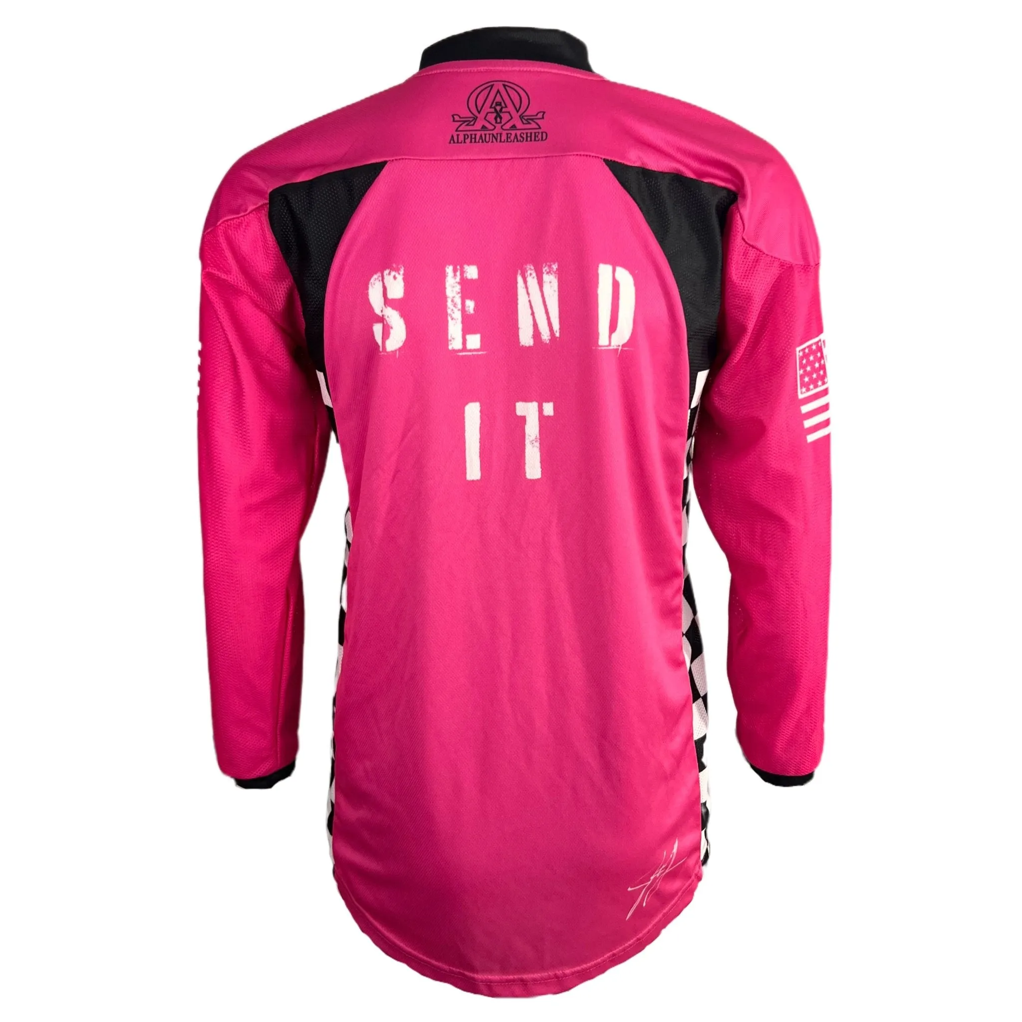 ALPHA Pink Motocross Racing Jersey - High-Performance 'Send It' SXS Gear for Dirt Bike and ATV Riders