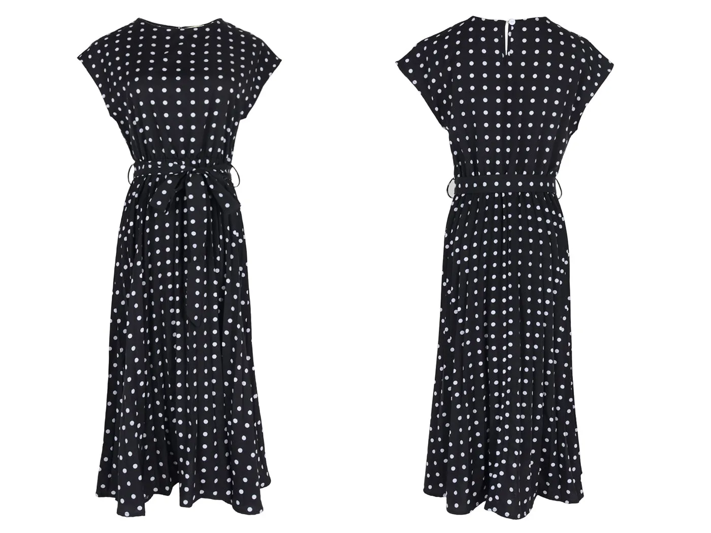 Anna-Kaci Women Short Sleeve RuffleTrim Polka Dot Casual Swing T Shirt Midi Dress Knee Length
