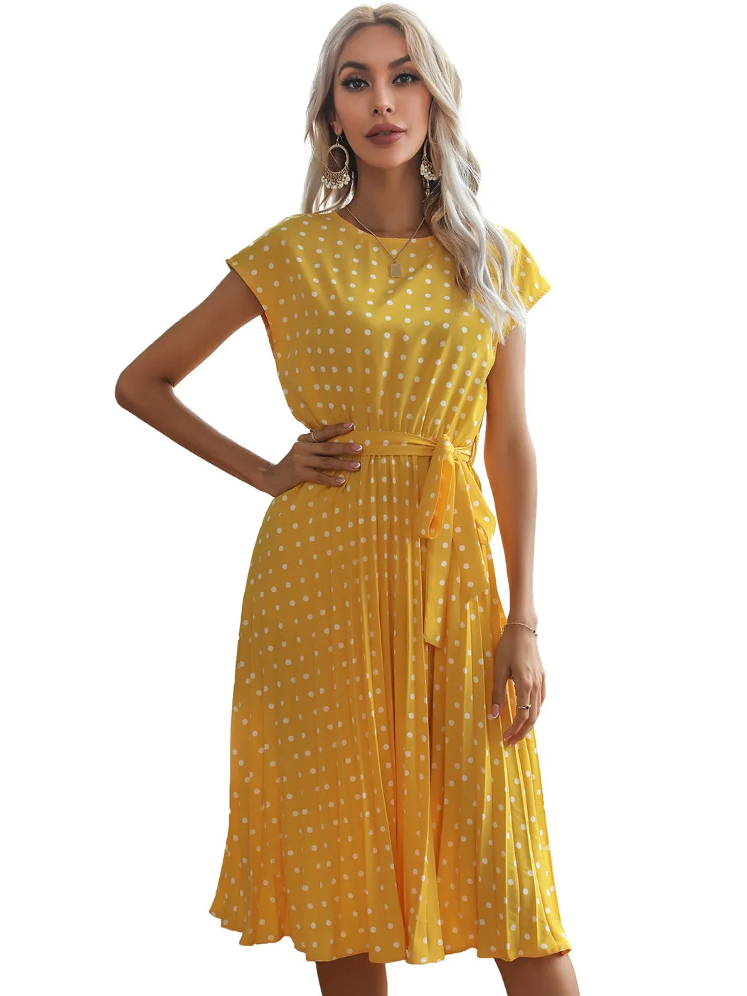 Anna-Kaci Women Short Sleeve RuffleTrim Polka Dot Casual Swing T Shirt Midi Dress Knee Length