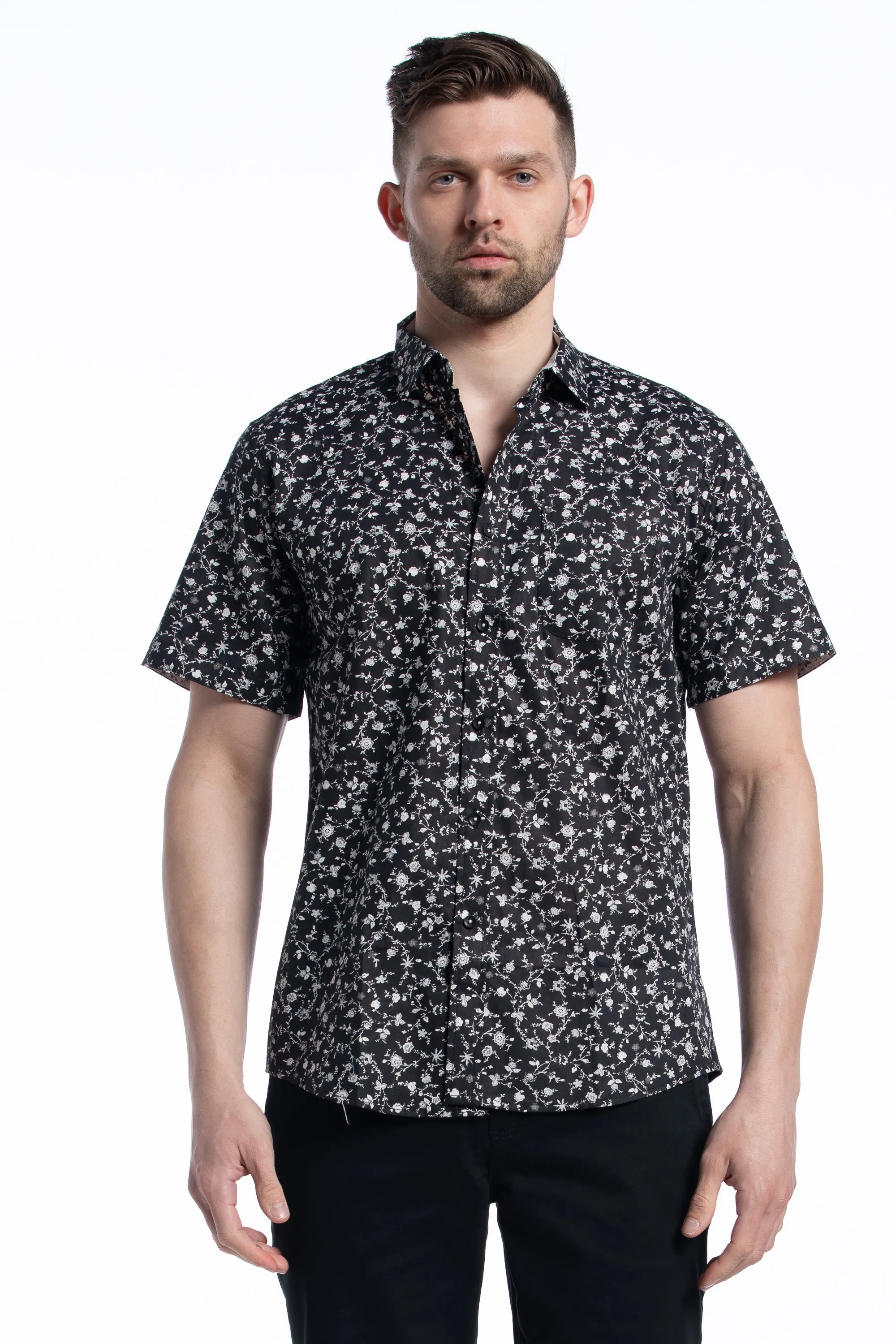 Antigua Floral Short Sleeve Shirt in Black and White