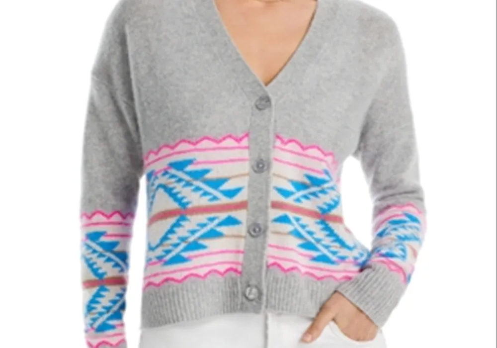 Aqua Cashmere Fair Isle Cashmere Cardigan Gray Size Large