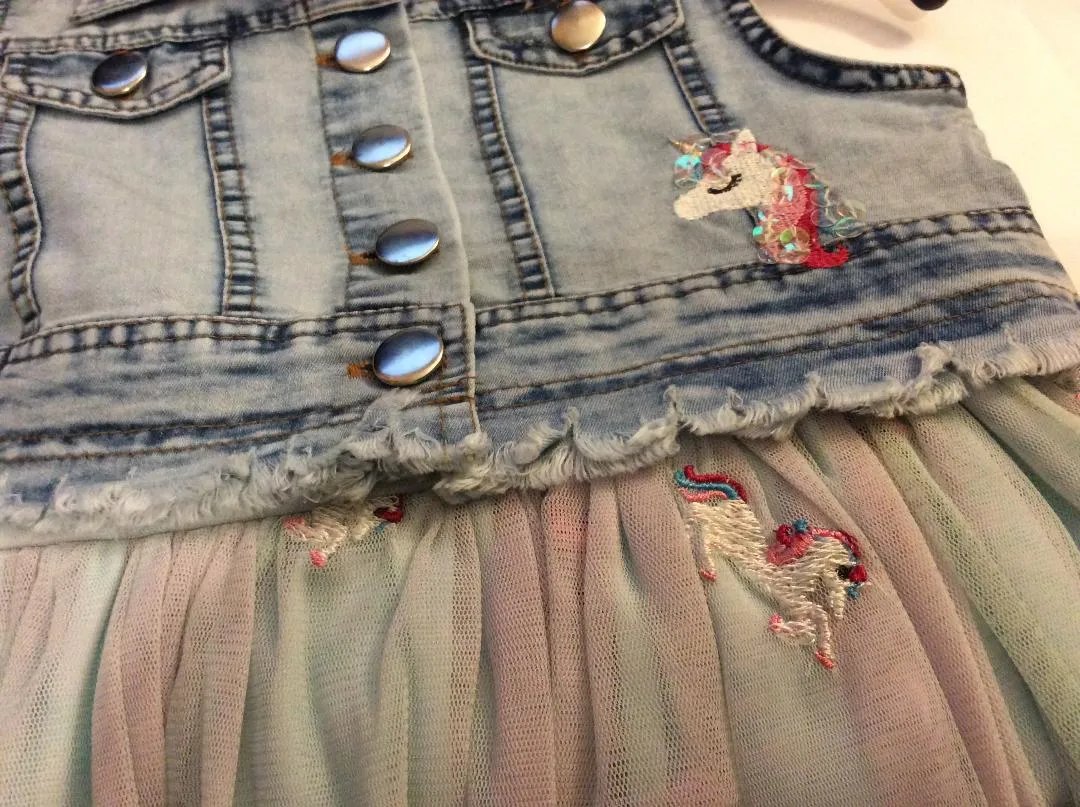 Aqua Unicorn Mesh Dress with Chambray Vest | 2T/2