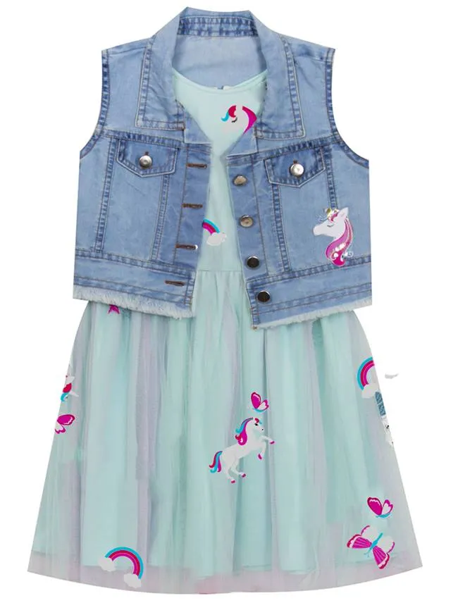 Aqua Unicorn Mesh Dress with Chambray Vest | 2T/2