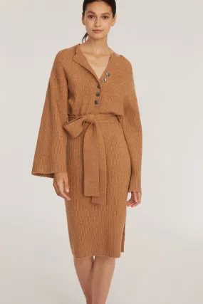 Arie Ribbed Cashmere Blend Henley Midi Sweater Dress in Camel