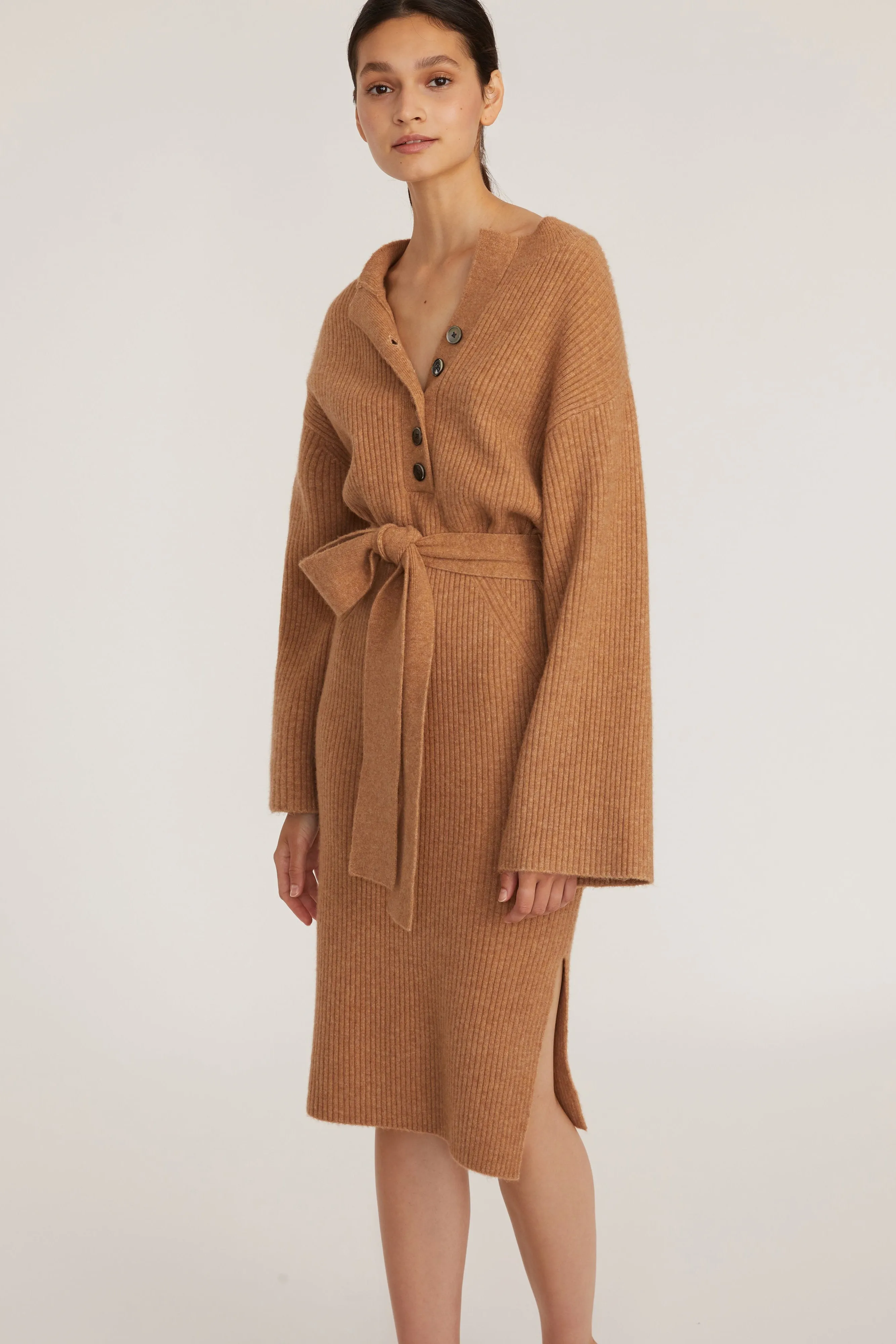 Arie Ribbed Cashmere Blend Henley Midi Sweater Dress in Camel
