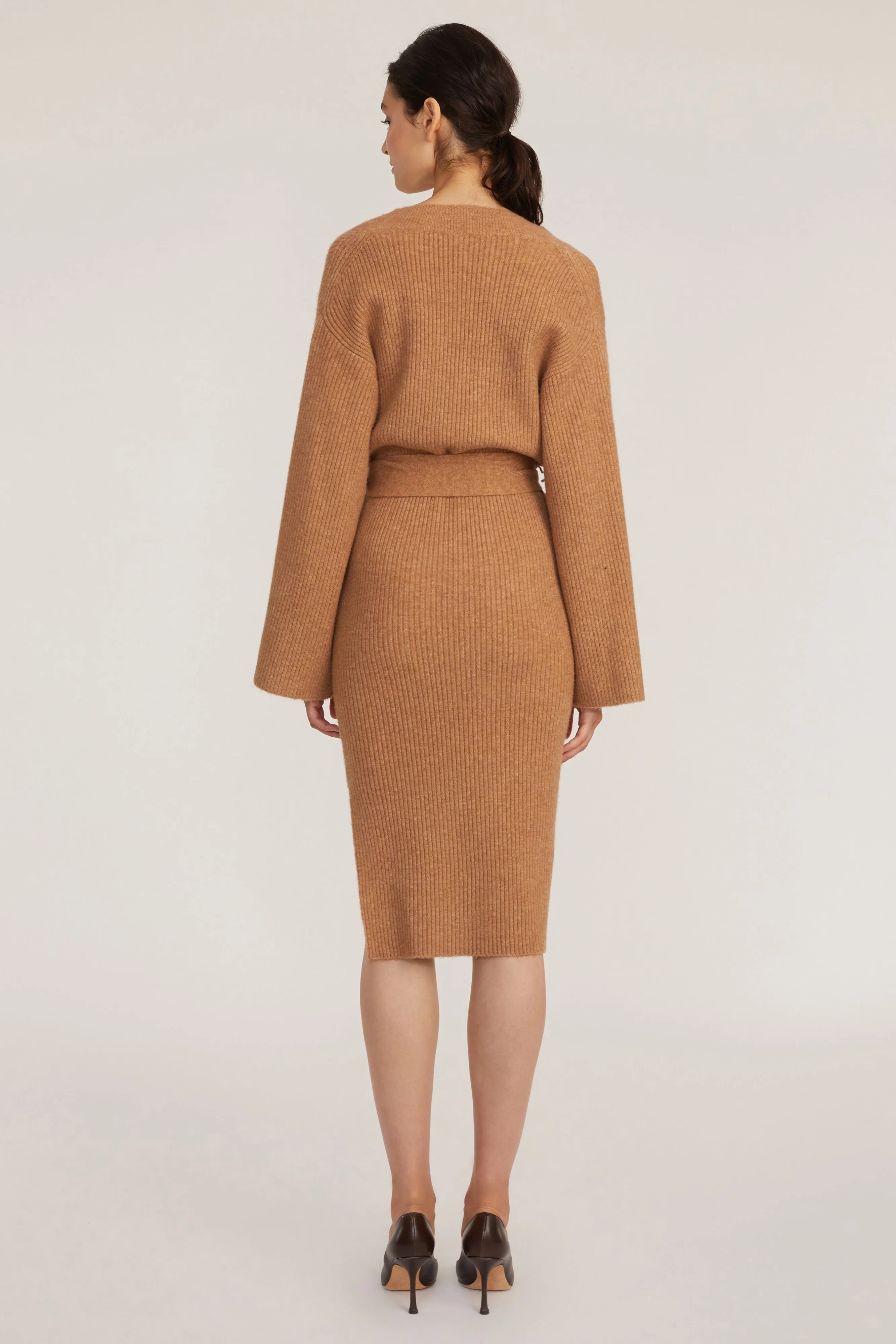 Arie Ribbed Cashmere Blend Henley Midi Sweater Dress in Camel