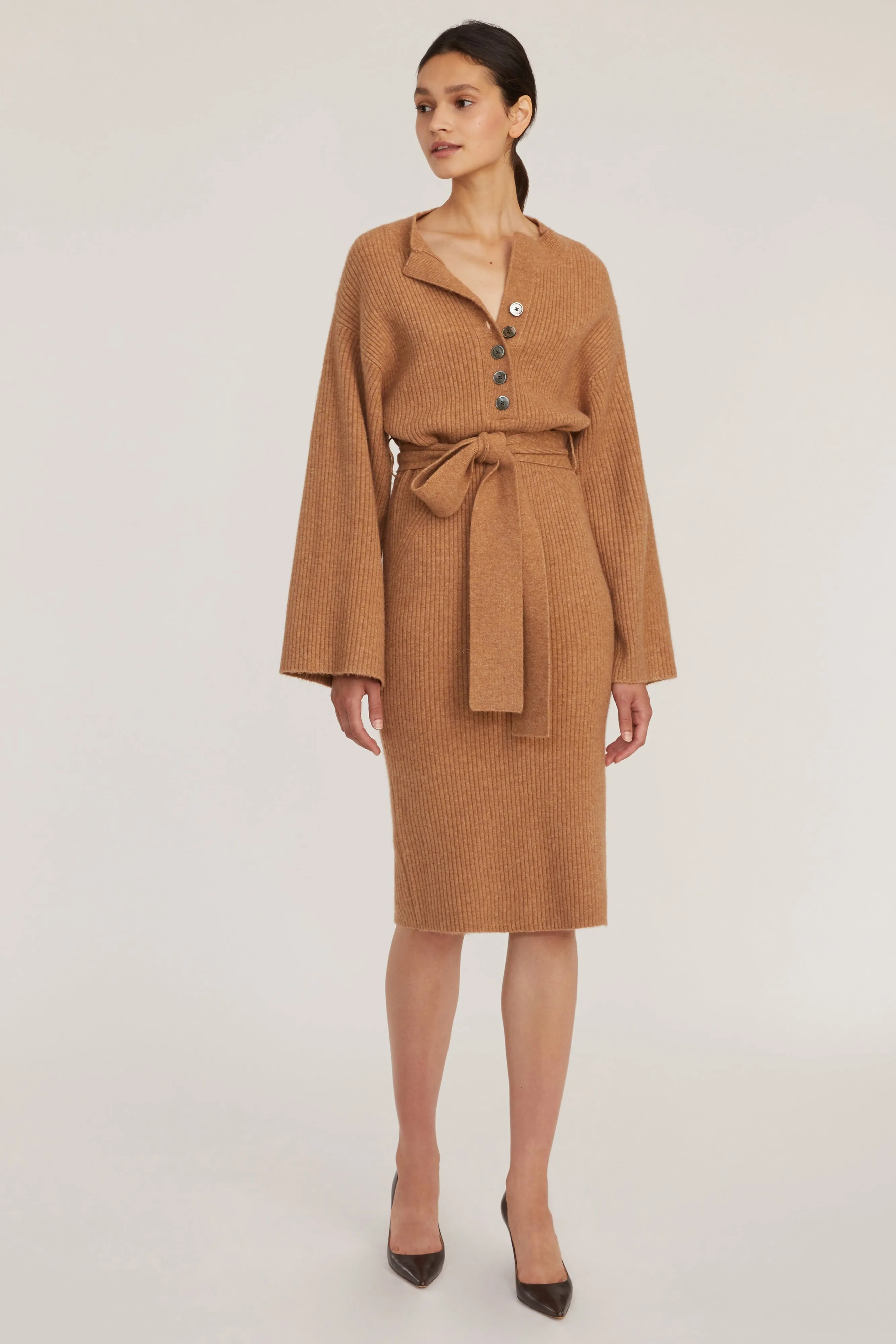 Arie Ribbed Cashmere Blend Henley Midi Sweater Dress in Camel