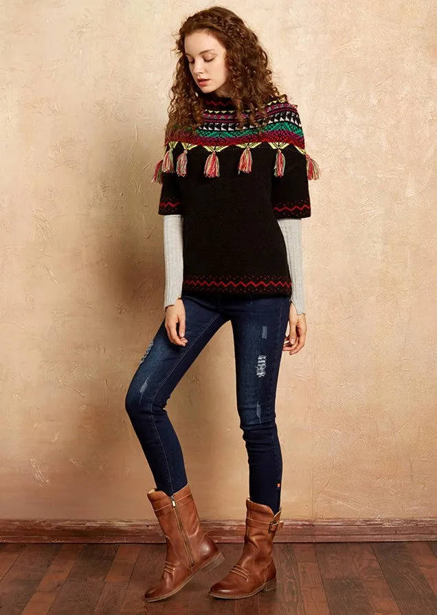 ARTKA SHORT SLEEVE JUMPER WITH EMBROIDERED TASSEL