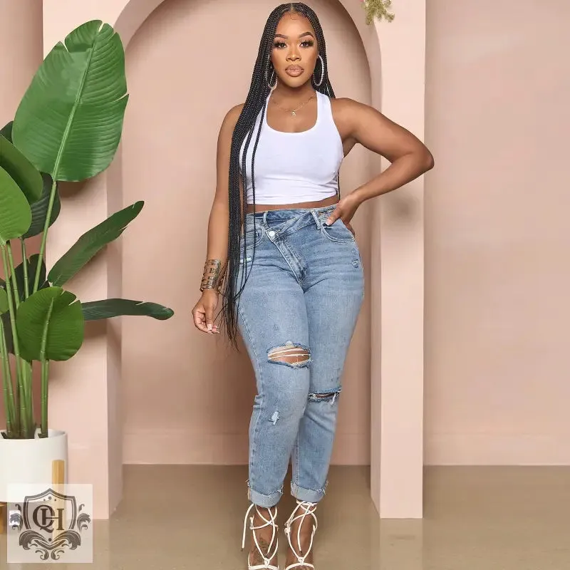 Asymmetrical High Rise Denim Trousers