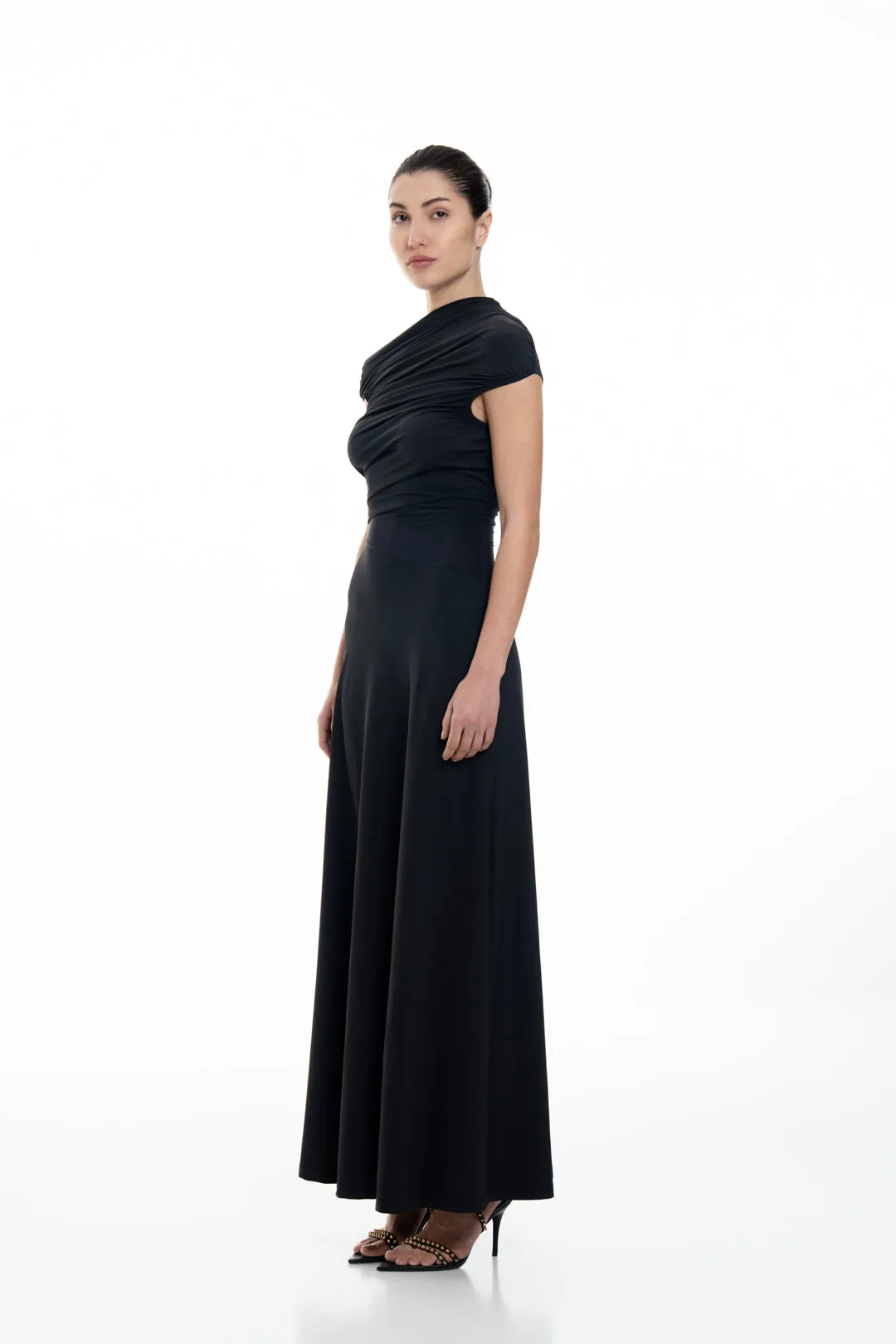 ASYMMETRICAL NECKLINE FLOWY EVENING DRESS