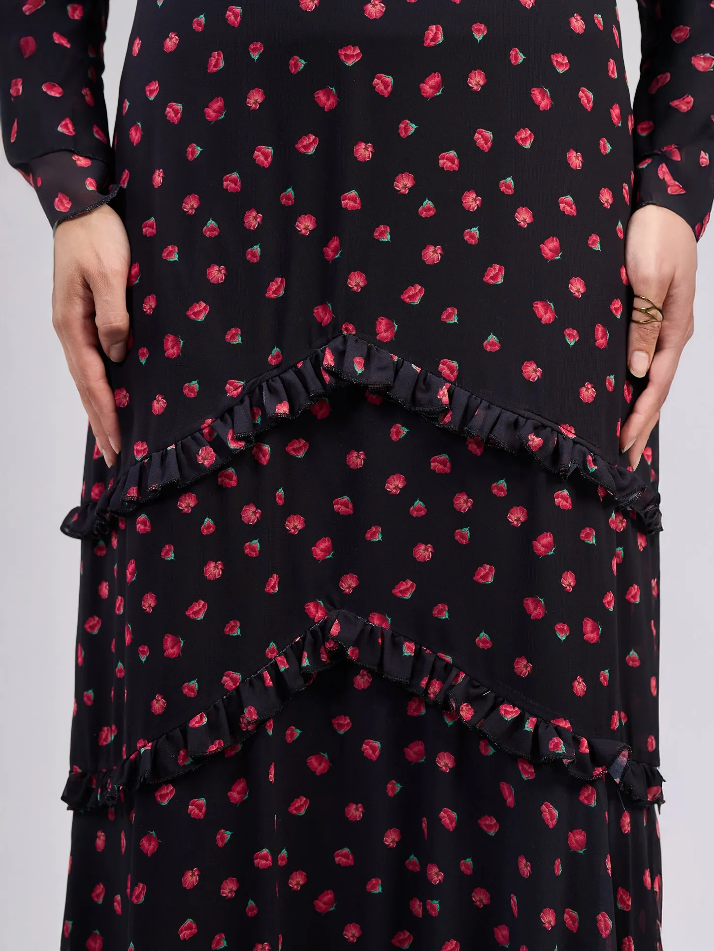 Atheer Modest Black Chiffon Maxi Dress with Ditsy Floral Print