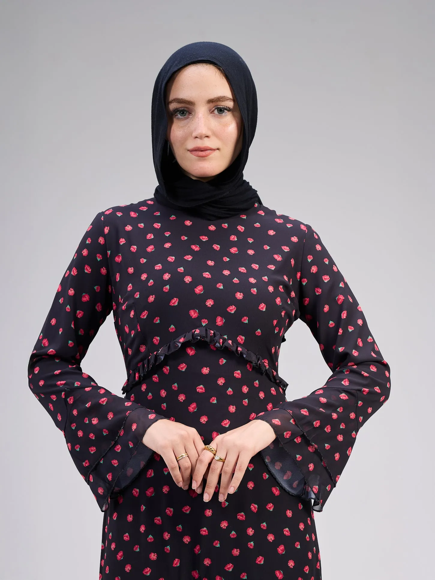 Atheer Modest Black Chiffon Maxi Dress with Ditsy Floral Print