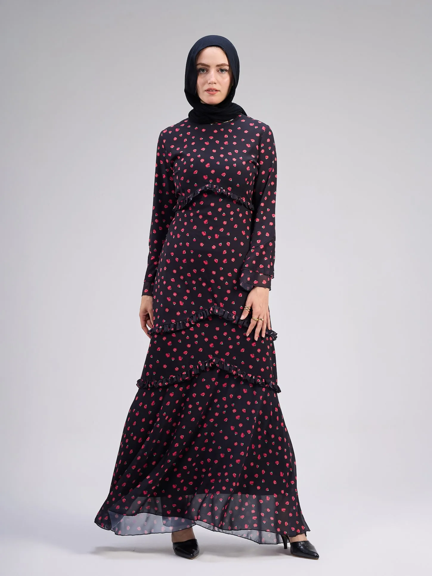 Atheer Modest Black Chiffon Maxi Dress with Ditsy Floral Print