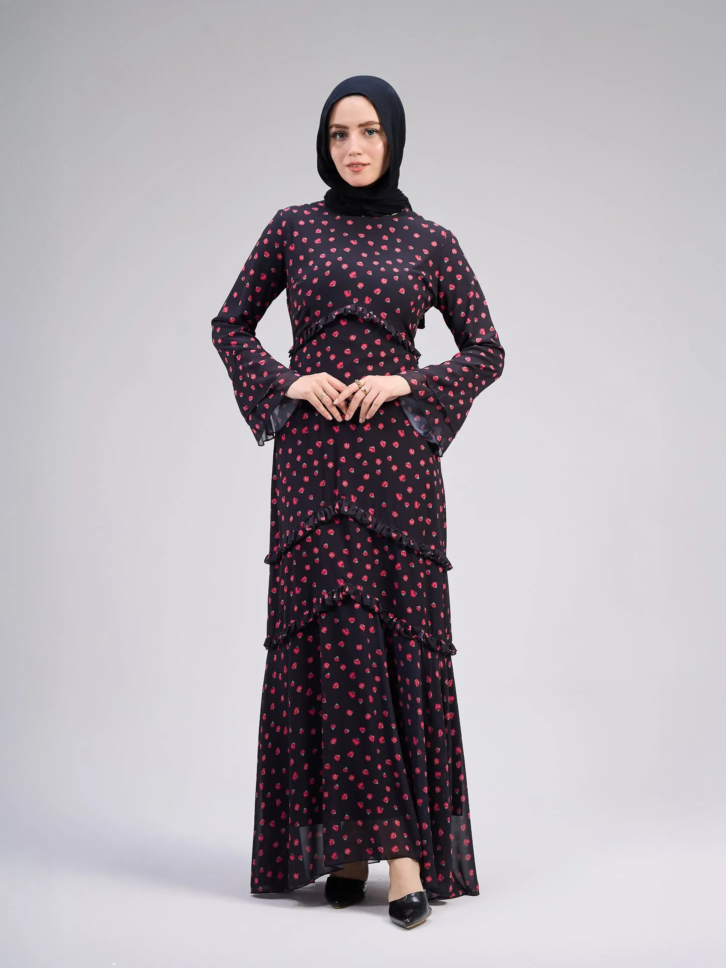Atheer Modest Black Chiffon Maxi Dress with Ditsy Floral Print
