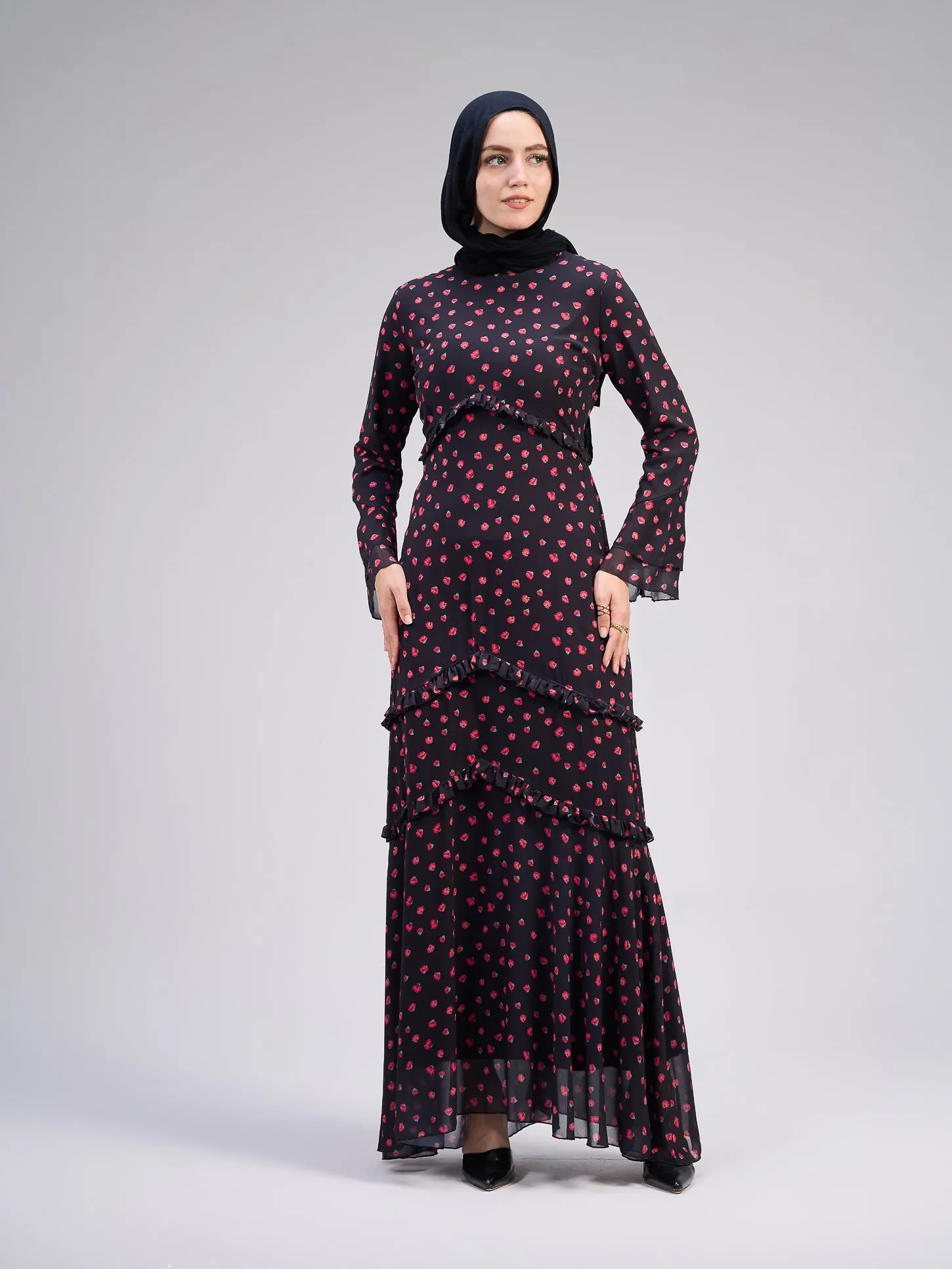 Atheer Modest Black Chiffon Maxi Dress with Ditsy Floral Print