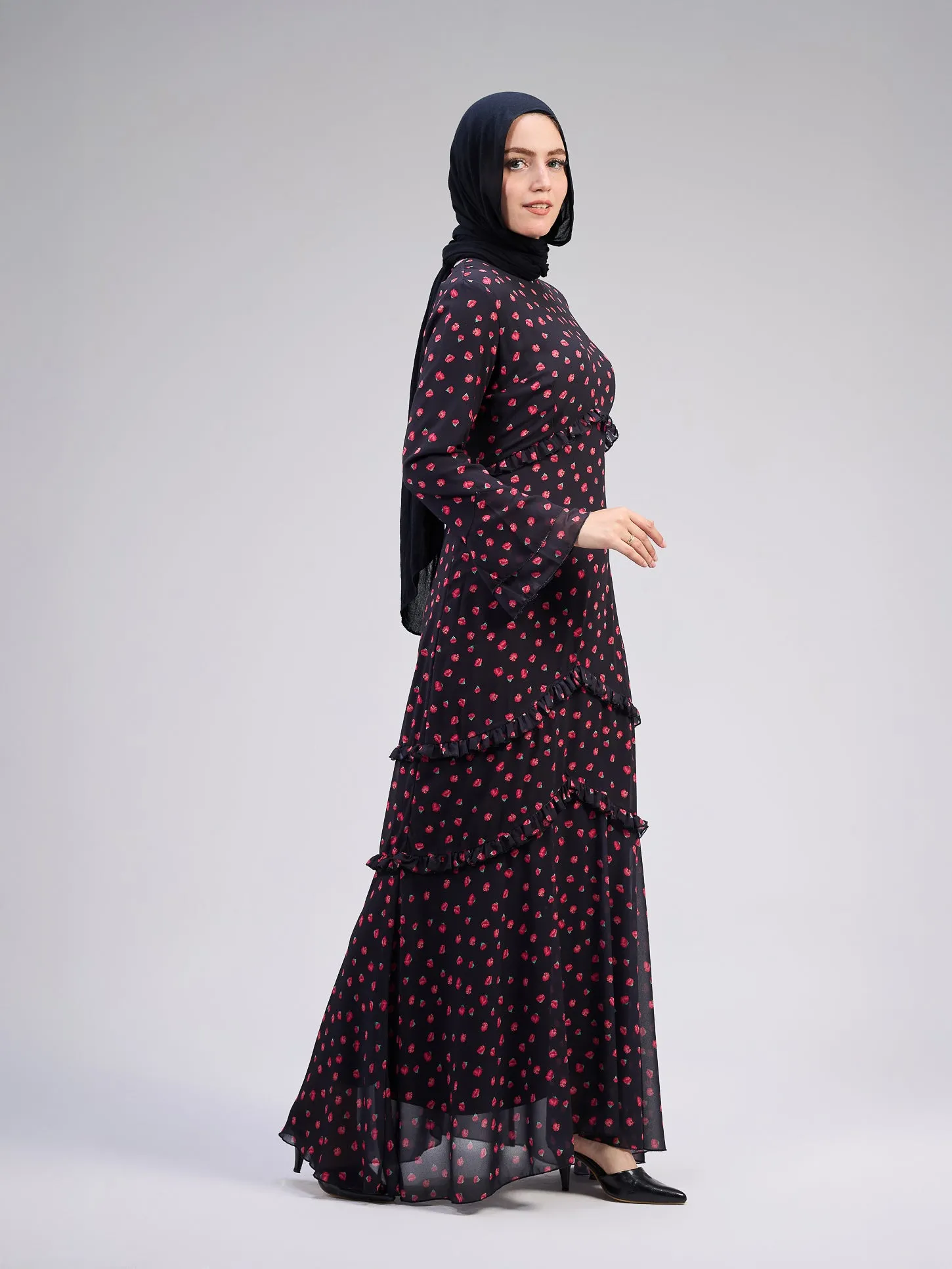 Atheer Modest Black Chiffon Maxi Dress with Ditsy Floral Print