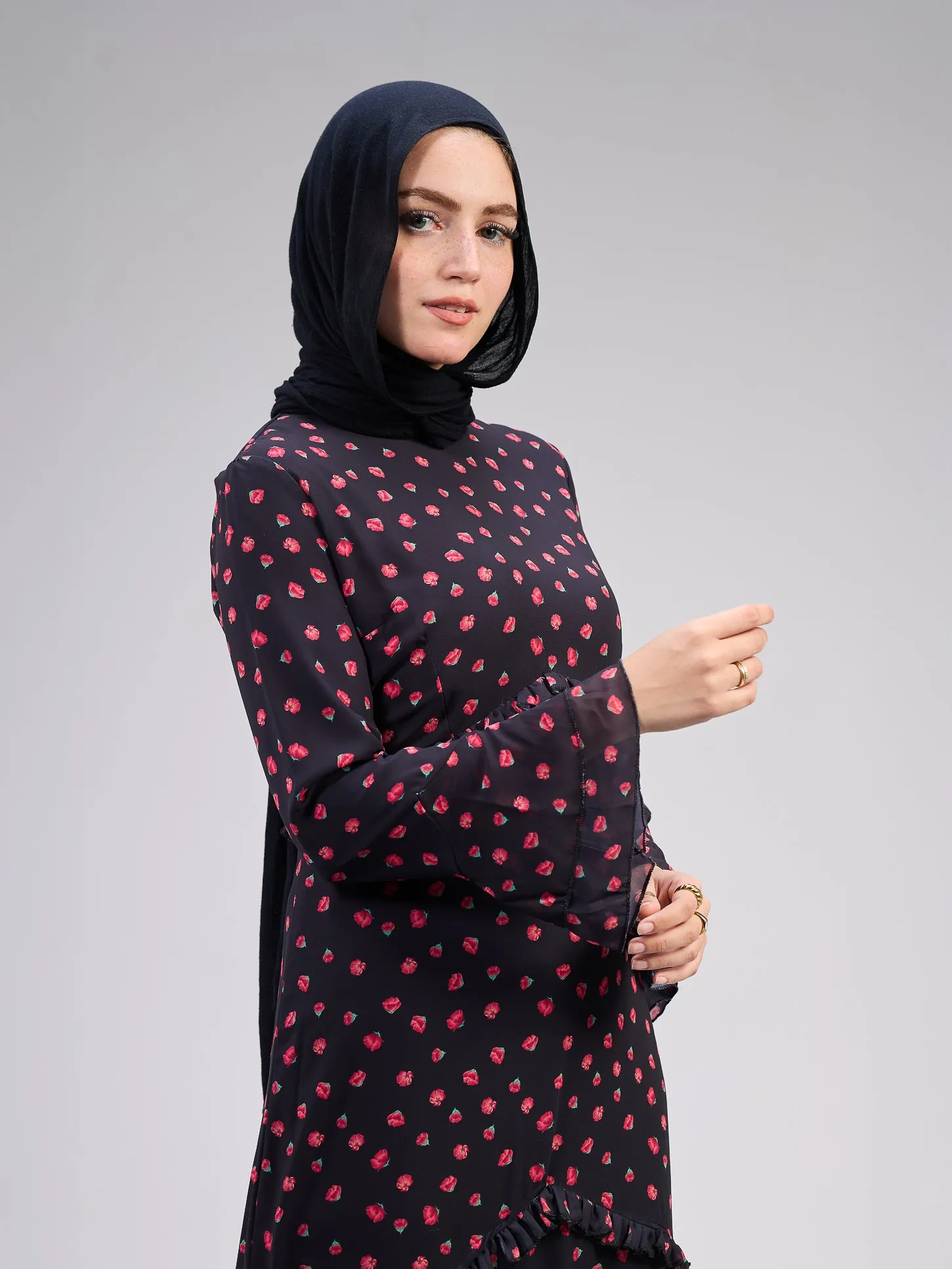 Atheer Modest Black Chiffon Maxi Dress with Ditsy Floral Print