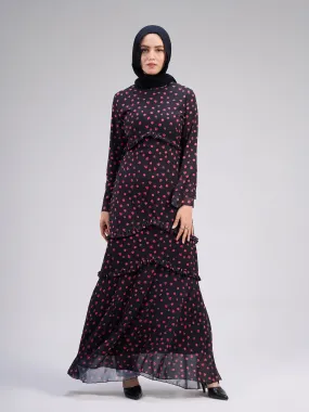 Atheer Modest Black Chiffon Maxi Dress with Ditsy Floral Print