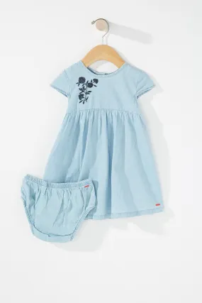 Baby Girl Floral Embroidered Chambray 3-Tier Dress