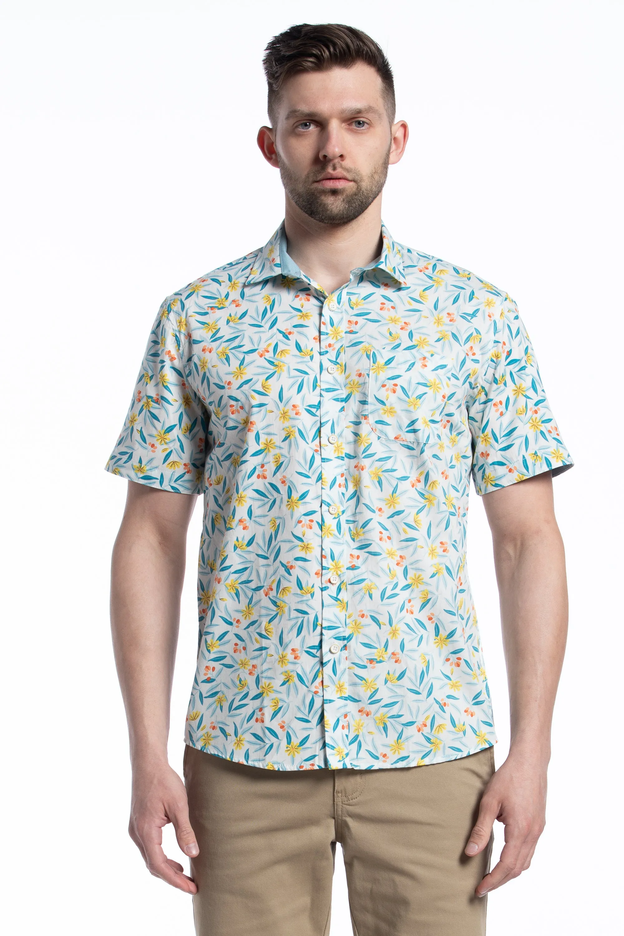 Bali Floral Short Sleeve Shirt in White Teal and Coral