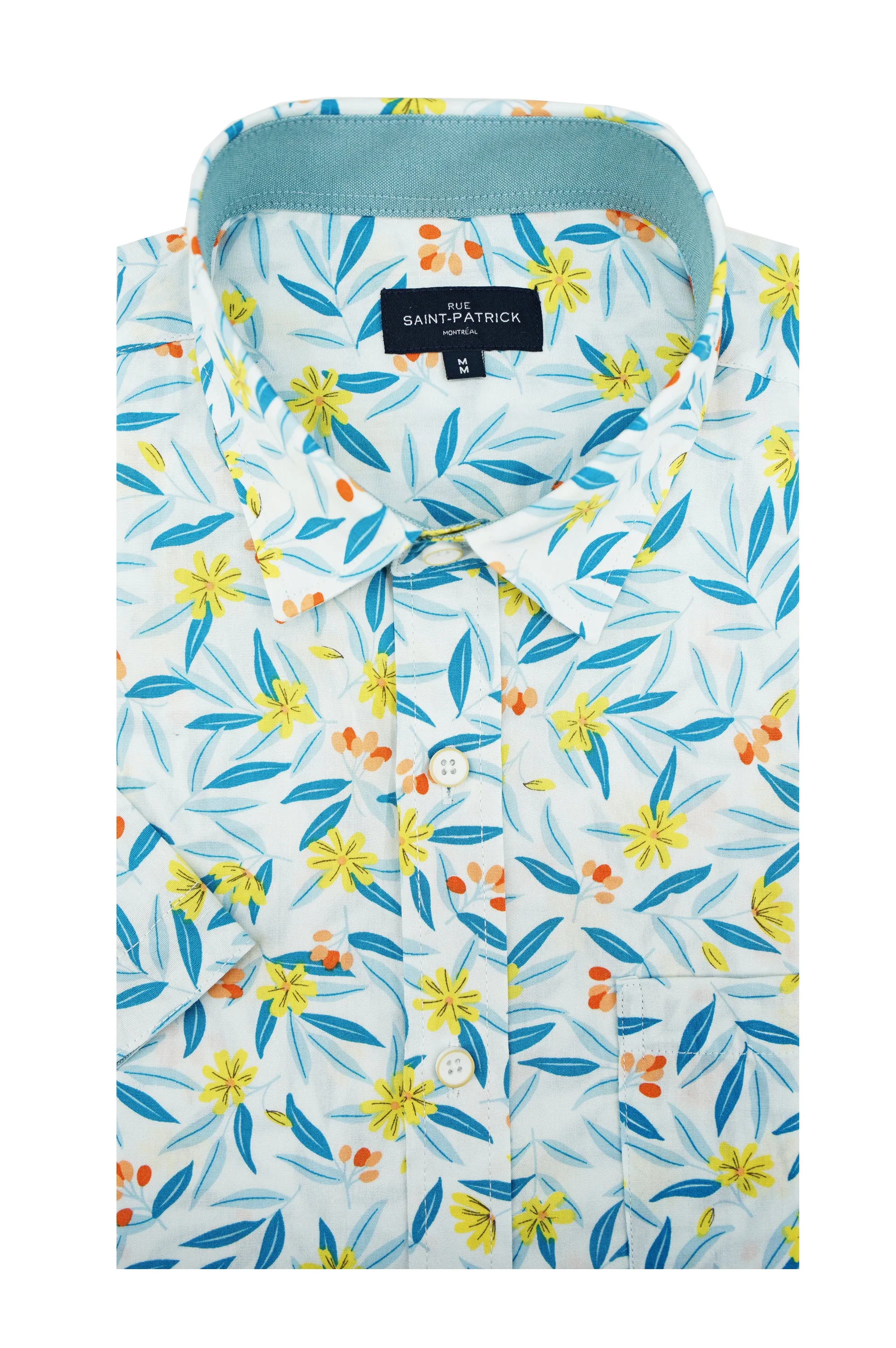 Bali Floral Short Sleeve Shirt in White Teal and Coral