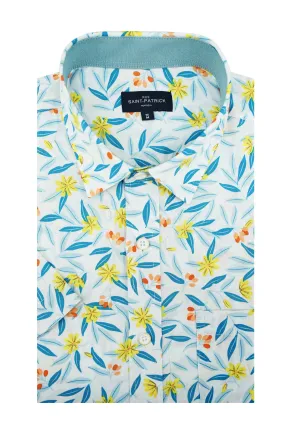 Bali Floral Short Sleeve Shirt in White Teal and Coral