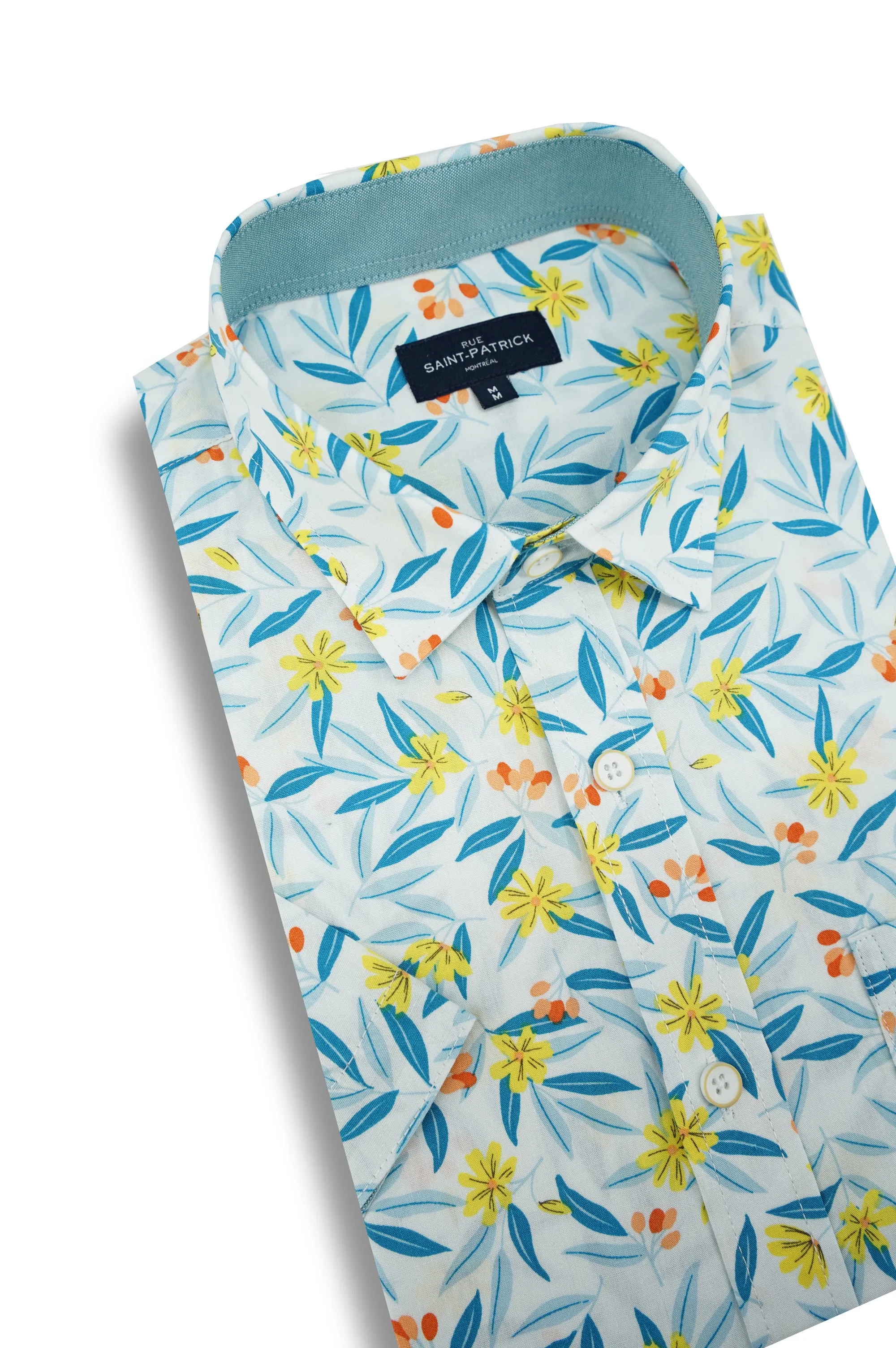Bali Floral Short Sleeve Shirt in White Teal and Coral