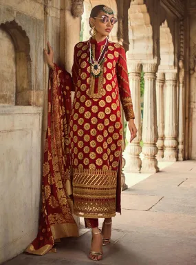 Beautiful embroidered Indian chiffon outfit in lavish red color # P2344