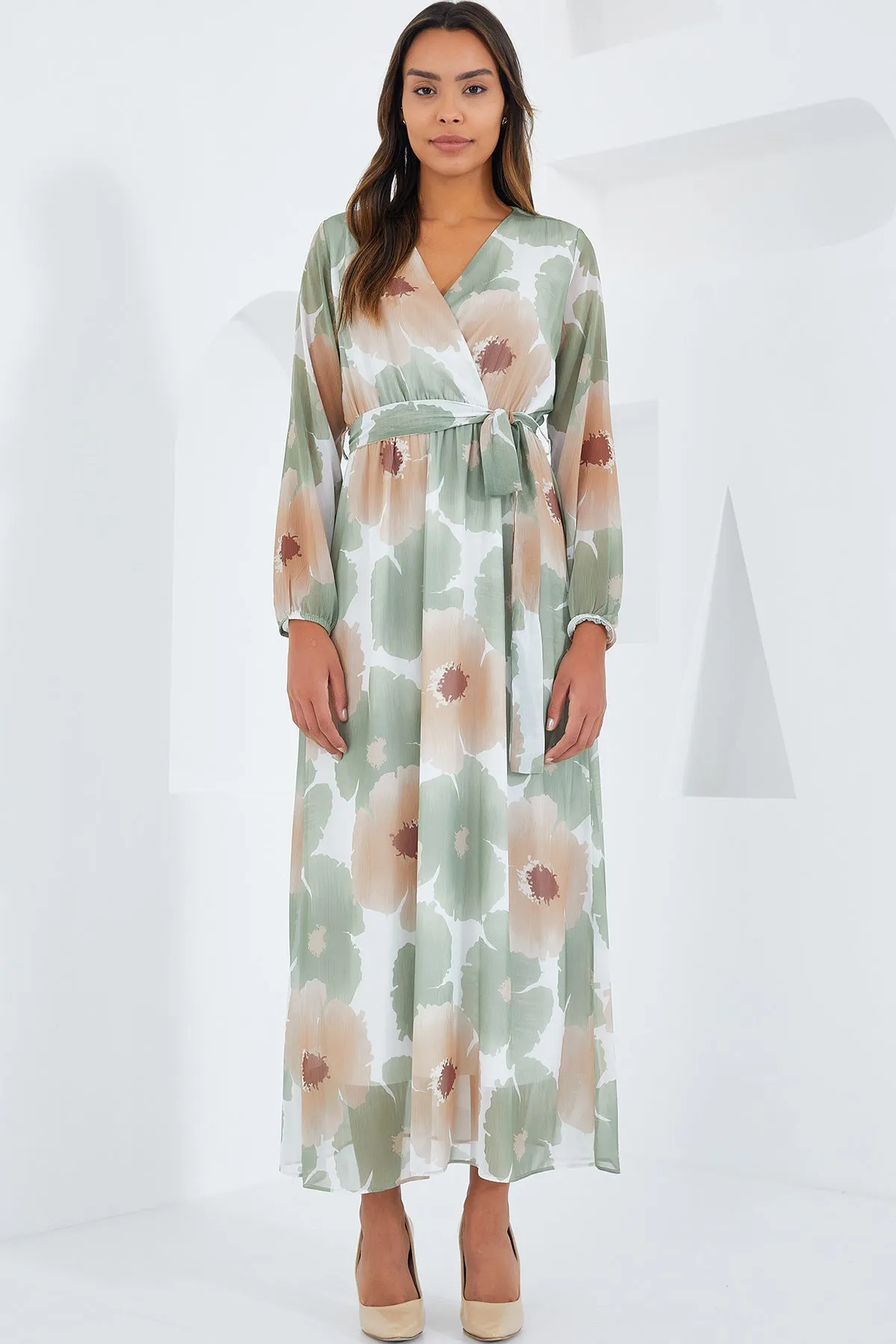BGD Women Woman Çağla Beige Floral Pattern Chiffon Dress 2134 - Avondale