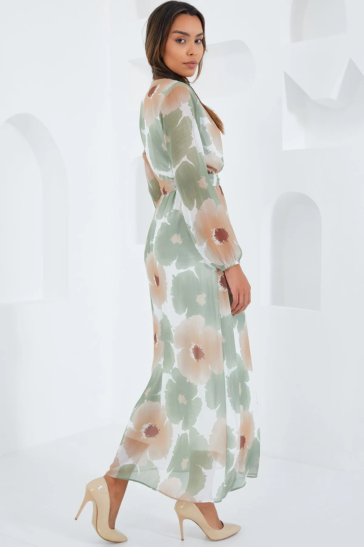 BGD Women Woman Çağla Beige Floral Pattern Chiffon Dress 2134 - Avondale