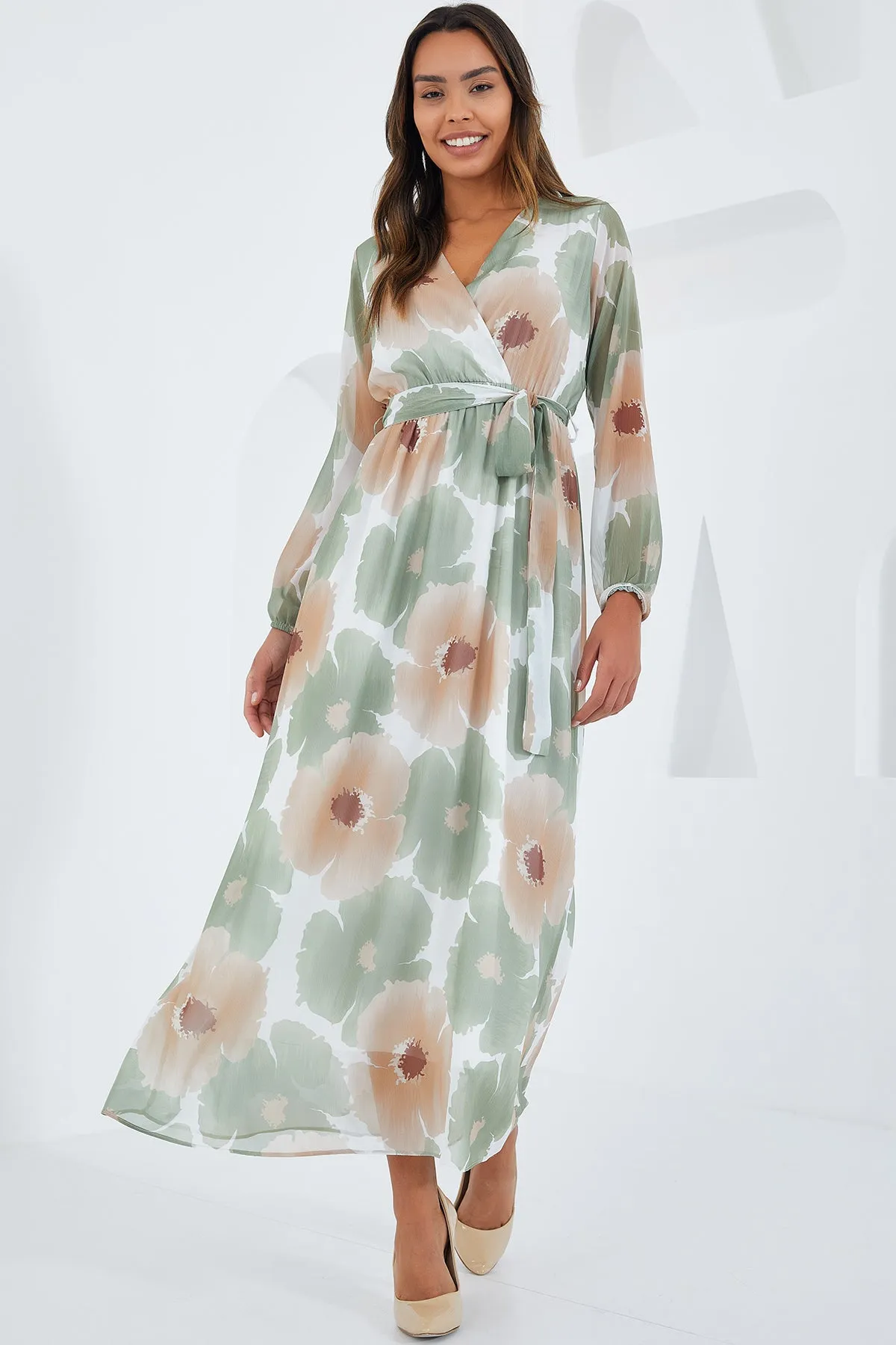BGD Women Woman Çağla Beige Floral Pattern Chiffon Dress 2134 - Avondale