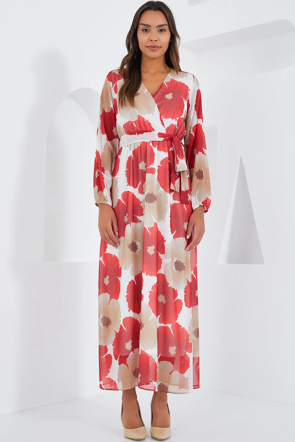 BGD Women Woman Pomegranate Beige Chiffon Dress with Flower Pattern 2134 - Avondale