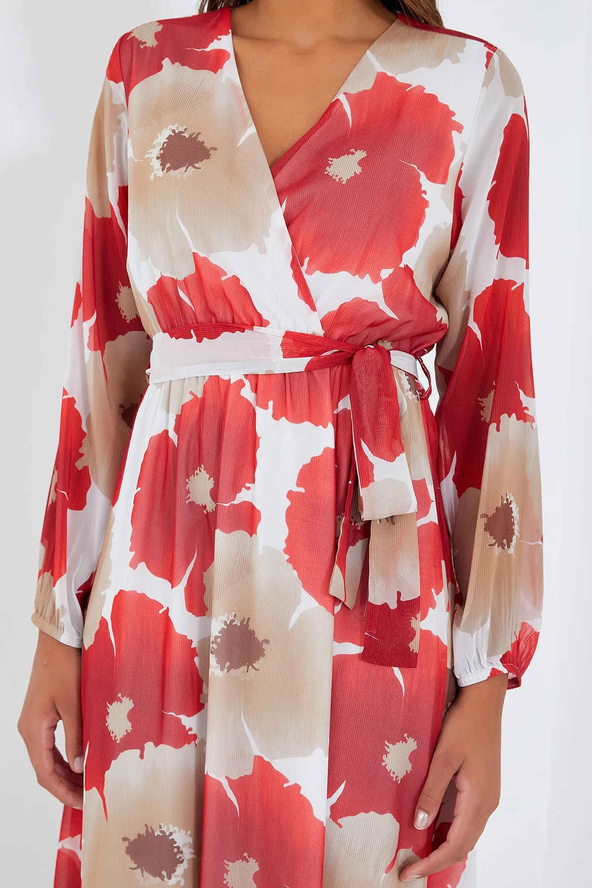 BGD Women Woman Pomegranate Beige Chiffon Dress with Flower Pattern 2134 - Avondale