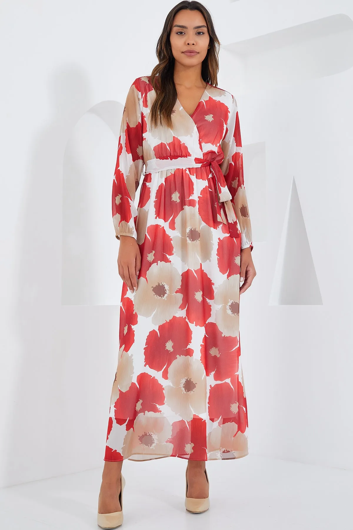 BGD Women Woman Pomegranate Beige Chiffon Dress with Flower Pattern 2134 - Avondale