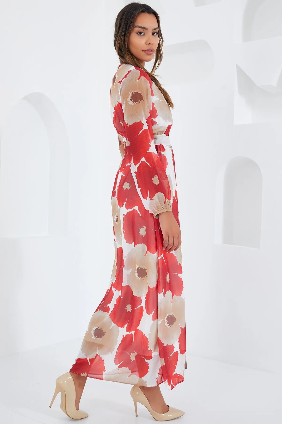 BGD Women Woman Pomegranate Beige Chiffon Dress with Flower Pattern 2134 - Avondale