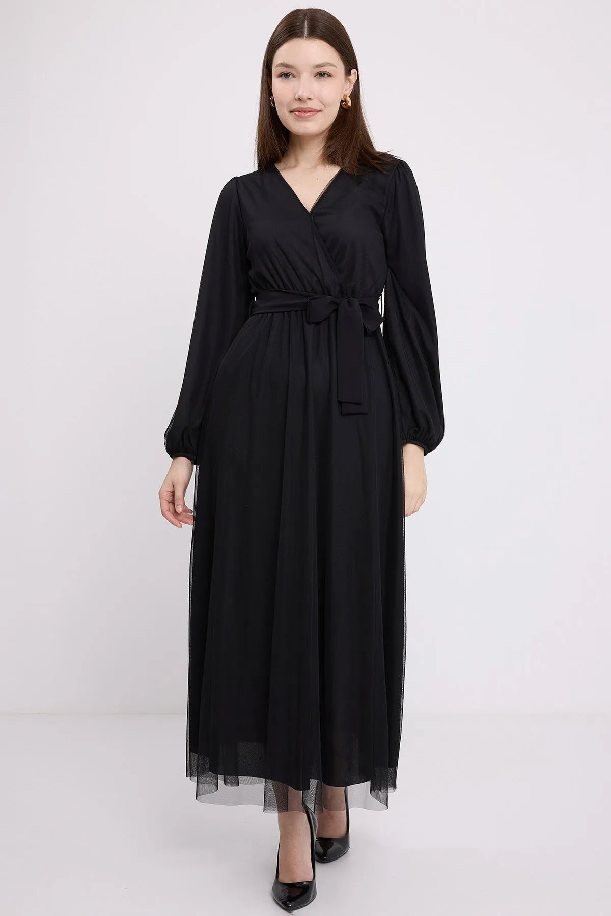 BGD Women Women's Black Wrap Neck Chiffon Dress with Tulle Detail 2484 - Zaanstad