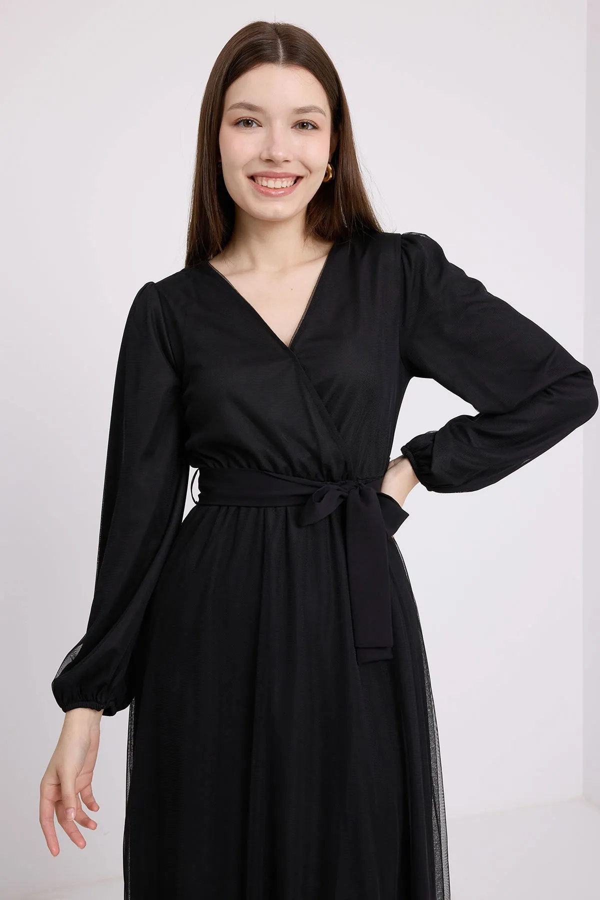 BGD Women Women's Black Wrap Neck Chiffon Dress with Tulle Detail 2484 - Zaanstad