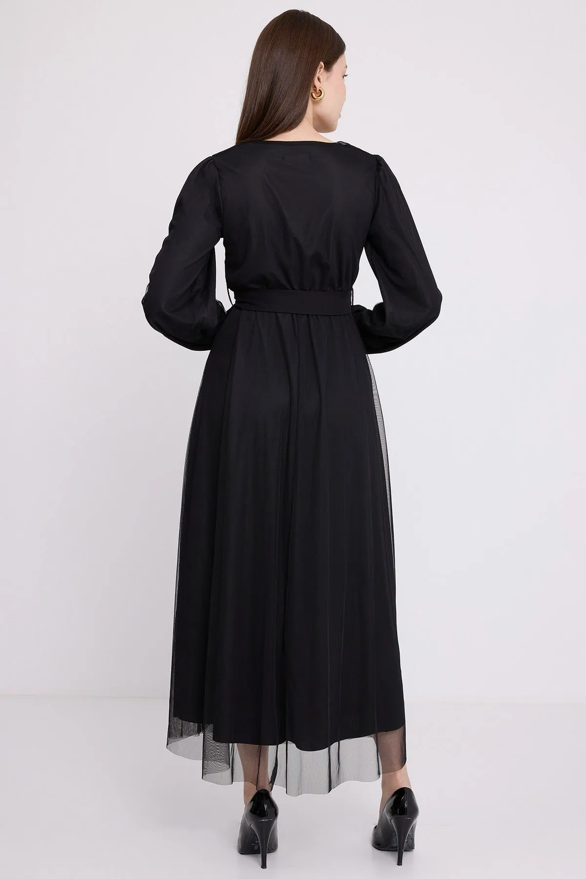 BGD Women Women's Black Wrap Neck Chiffon Dress with Tulle Detail 2484 - Zaanstad