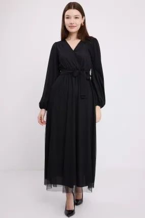 BGD Women Women's Black Wrap Neck Chiffon Dress with Tulle Detail 2484 - Zaanstad