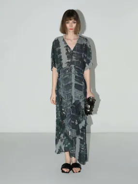 Black and Grey Tie-Dye Print Chiffon Dress