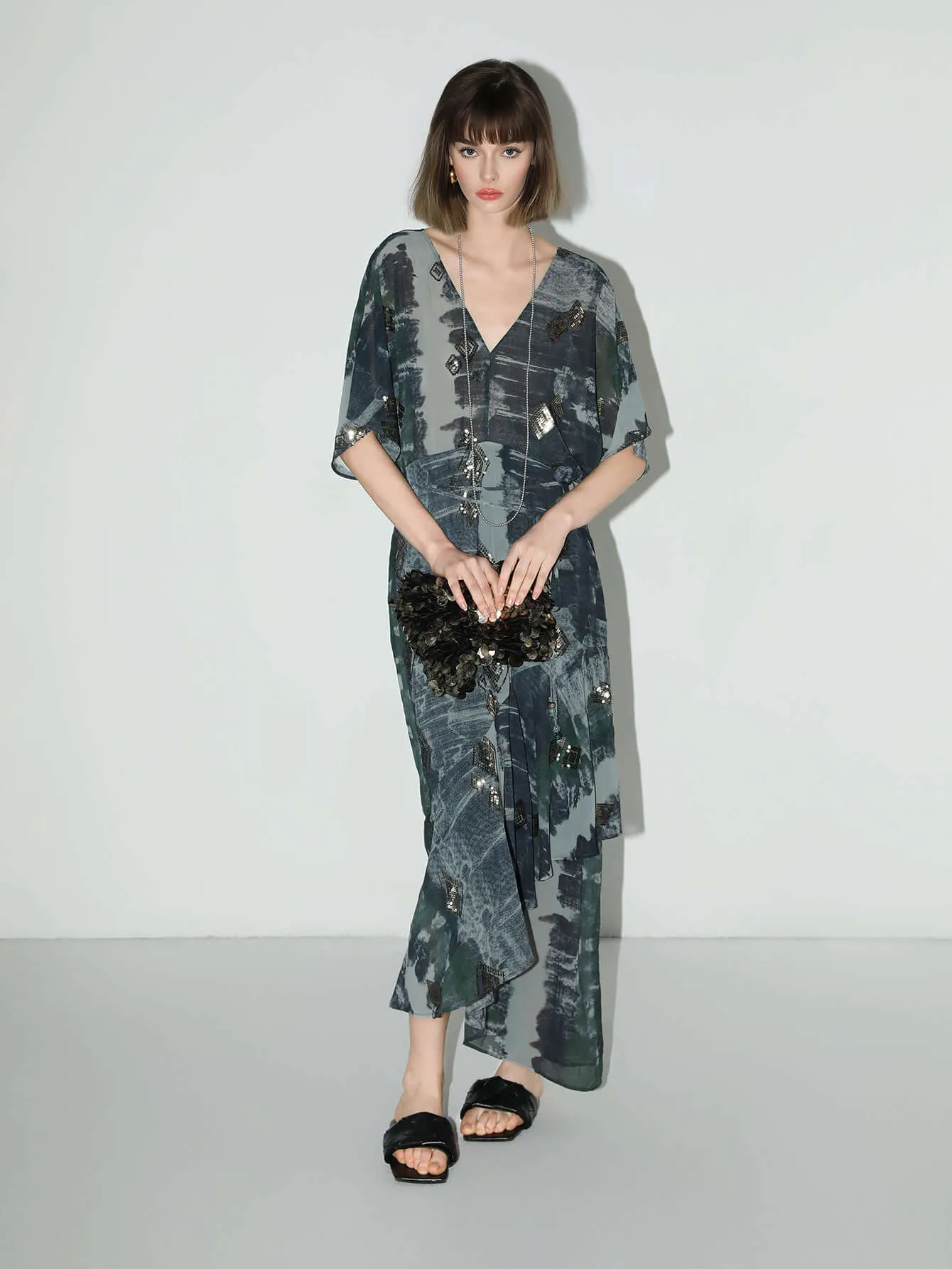 Black and Grey Tie-Dye Print Chiffon Dress