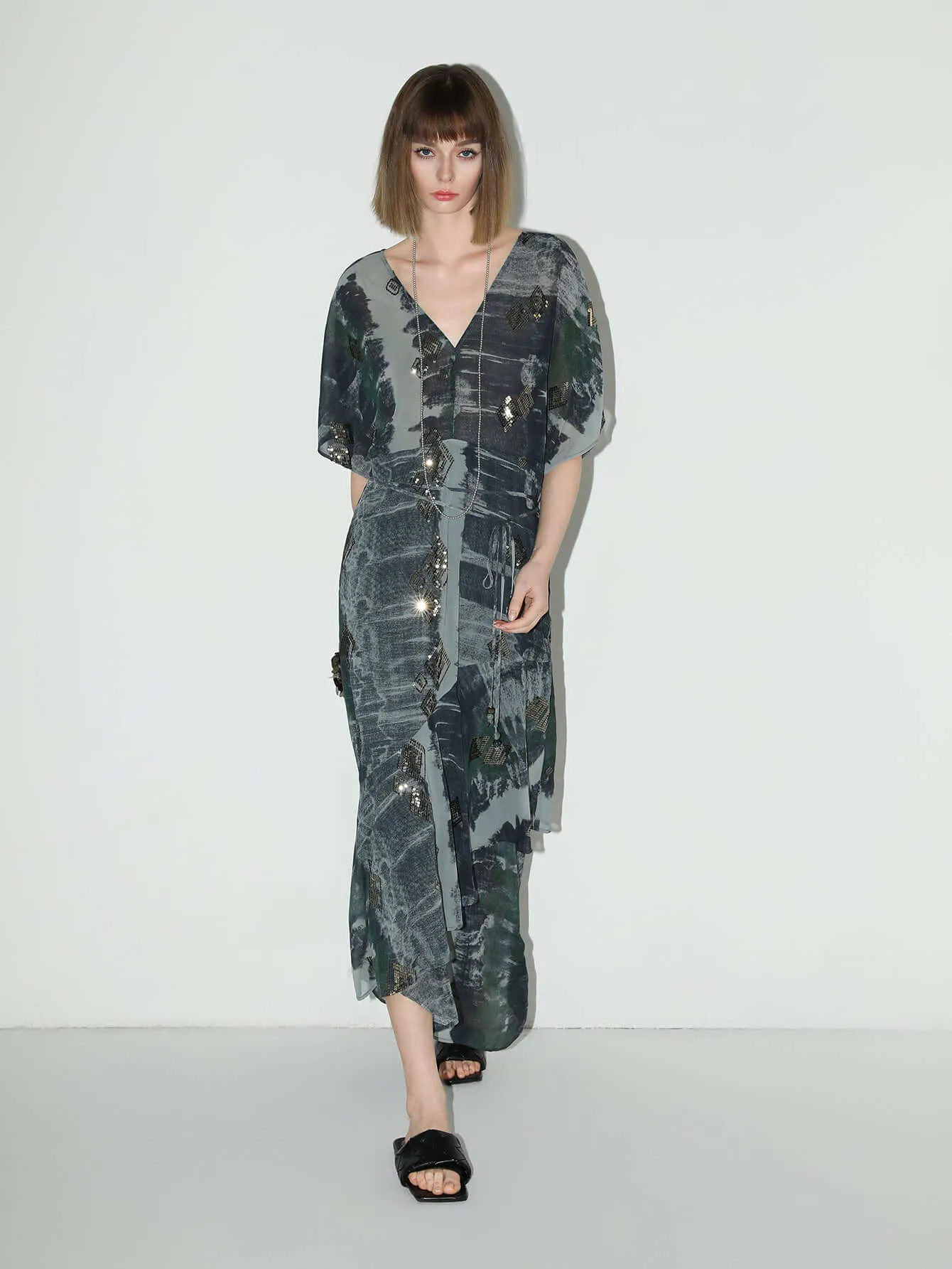 Black and Grey Tie-Dye Print Chiffon Dress