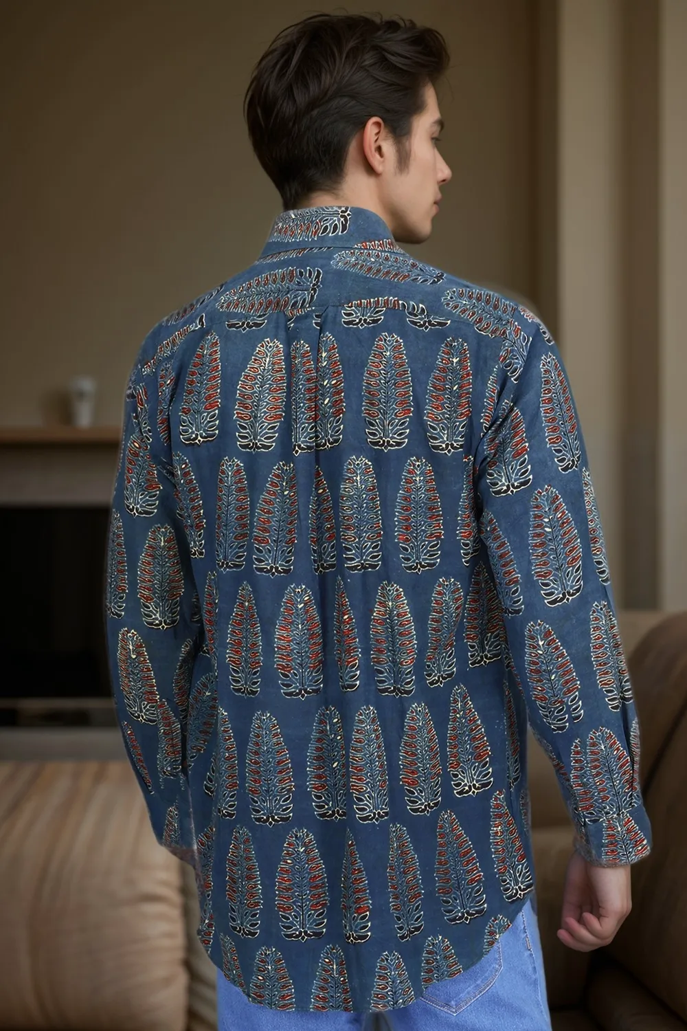 Blue Full Sleeve Ajrakh Printed Cotton Mens Shirt 10071168