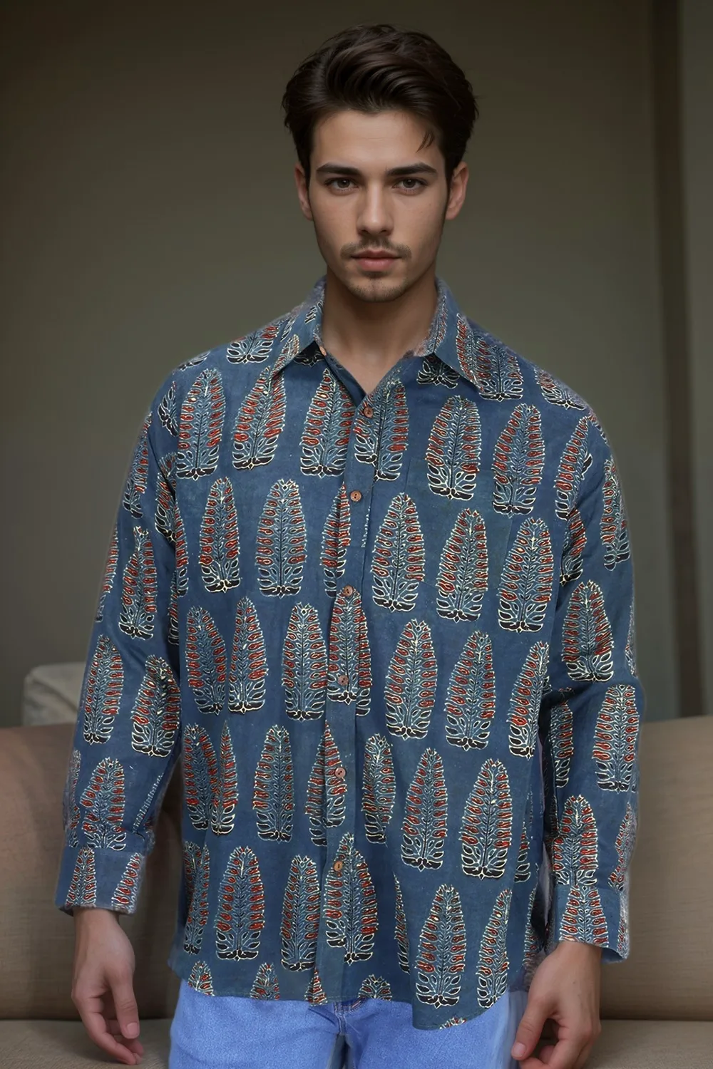 Blue Full Sleeve Ajrakh Printed Cotton Mens Shirt 10071168
