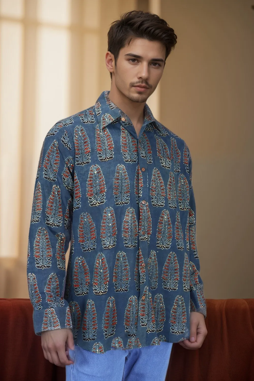 Blue Full Sleeve Ajrakh Printed Cotton Mens Shirt 10071168